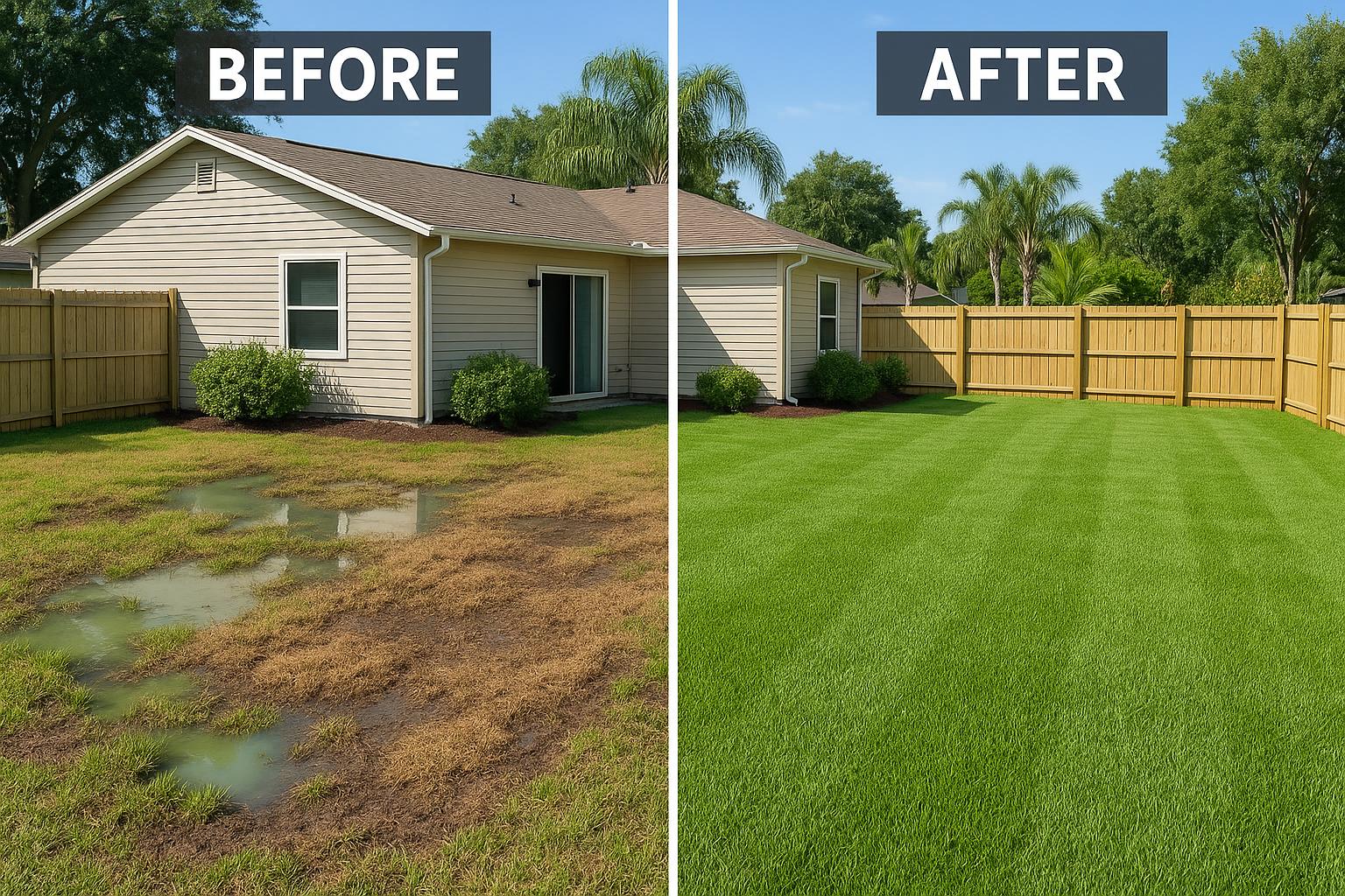 Before and after: failed drainfield with surface ponding restored to fresh sod near Tallahassee