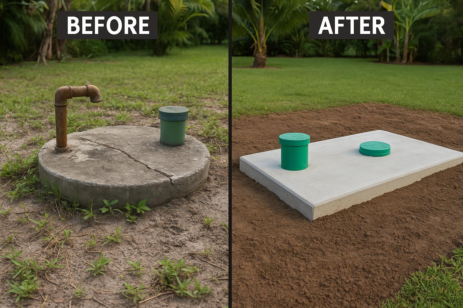 Before and after: aged septic tank replaced with new permit-stamped install outside Tallahassee