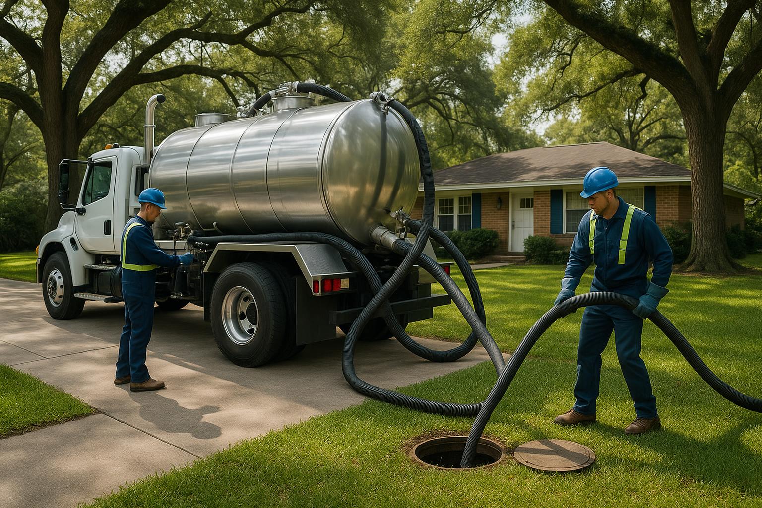 Septic pumping truck and crew servicing a Tallahassee residential property